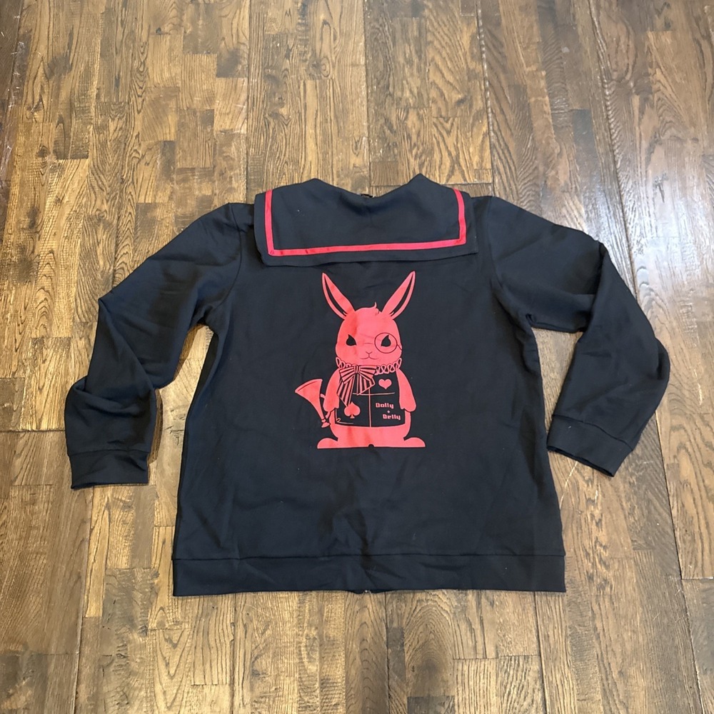 Dolly+Delly Zip Up Sweatshirt Japanese Alt Harajuku Sailor Collar Black L - Picture 7 of 9